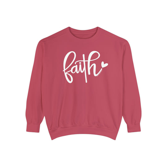 Unisex Faith Crew sweatshirt in pink with white text. Made of 80% ring-spun cotton and 20% polyester, featuring a relaxed fit, rolled-forward shoulder, and back neck patch. Luxurious comfort in a medium-heavy fabric.