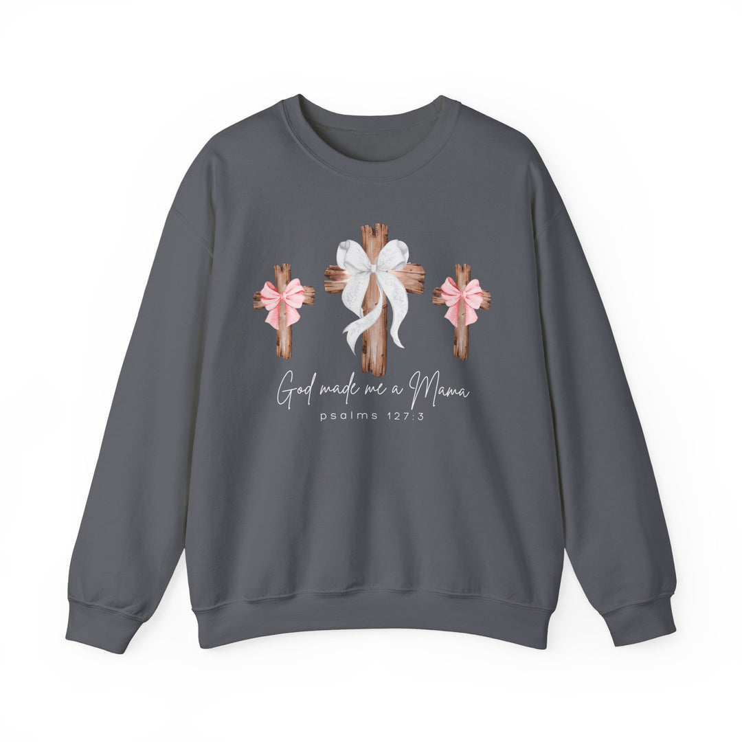 God Made Me a Girl Mama Crew sweatshirt with rustic wooden crosses, pink and white bows, and Psalm 127:3 text, offering comfort and style.
