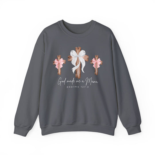 God Made Me a Girl Mama Crew sweatshirt with rustic wooden crosses, pink and white bows, and Psalm 127:3 text, offering comfort and style.