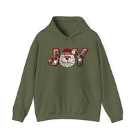 Olive-green hoodie with JOY appliqué; gingerbread-style letters and smiling Santa-face. Featuring kangaroo pocket and drawstring hood for cozy, holiday warmth.