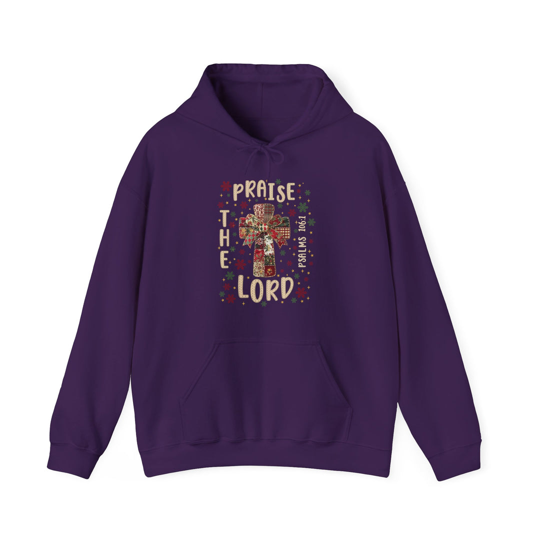 Praise the Lord Hoodie featuring a festive cross graphic with PRAISE THE LORD, stars, and Psalms 106:1 text; cozy unisex Christmas design.