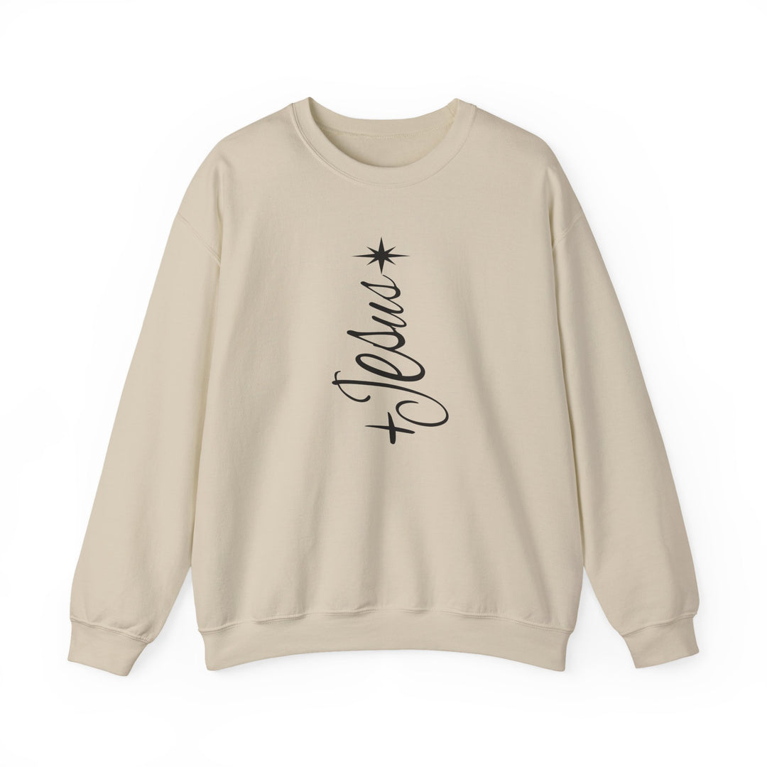 Light-tan crewneck sweatshirt with a vertical black script + Jesus and an eight-pointed star, designed for comfort and style.