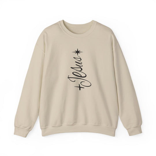 Light-tan crewneck sweatshirt with a vertical black script + Jesus and an eight-pointed star, designed for comfort and style.