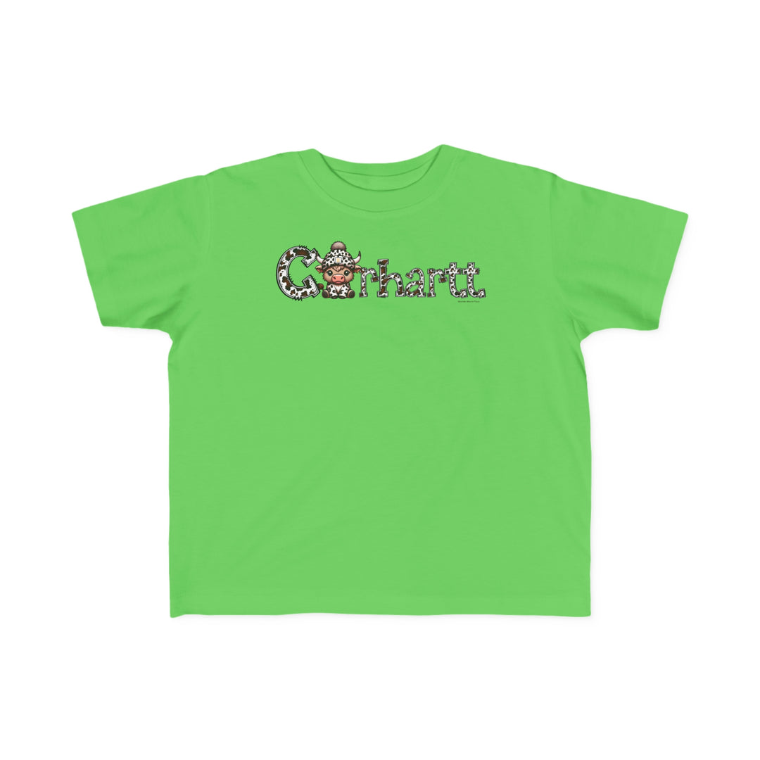 A durable Cowhartt Cow Toddler Tee featuring a cartoon cow with a hat, perfect for sensitive skin. 100% cotton, light fabric, tear-away label, classic fit. Sizes 2T to 5-6T.