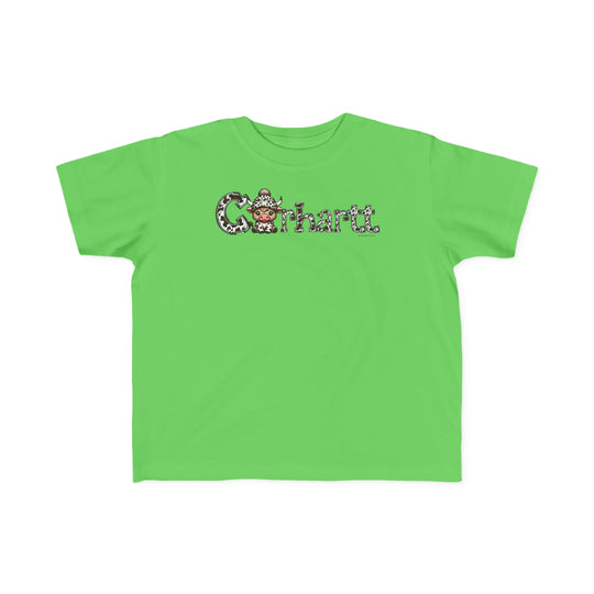 A durable Cowhartt Cow Toddler Tee featuring a cartoon cow with a hat, perfect for sensitive skin. 100% cotton, light fabric, tear-away label, classic fit. Sizes 2T to 5-6T.