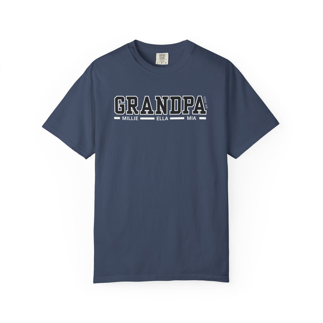 Grandpa Customizable Tee: Blue, durable, and cozy ring-spun cotton t-shirt with white text, featuring a relaxed fit and tubular shape for everyday comfort.