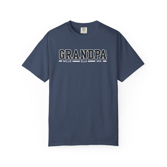 Grandpa Customizable Tee: Blue, durable, and cozy ring-spun cotton t-shirt with white text, featuring a relaxed fit and tubular shape for everyday comfort.