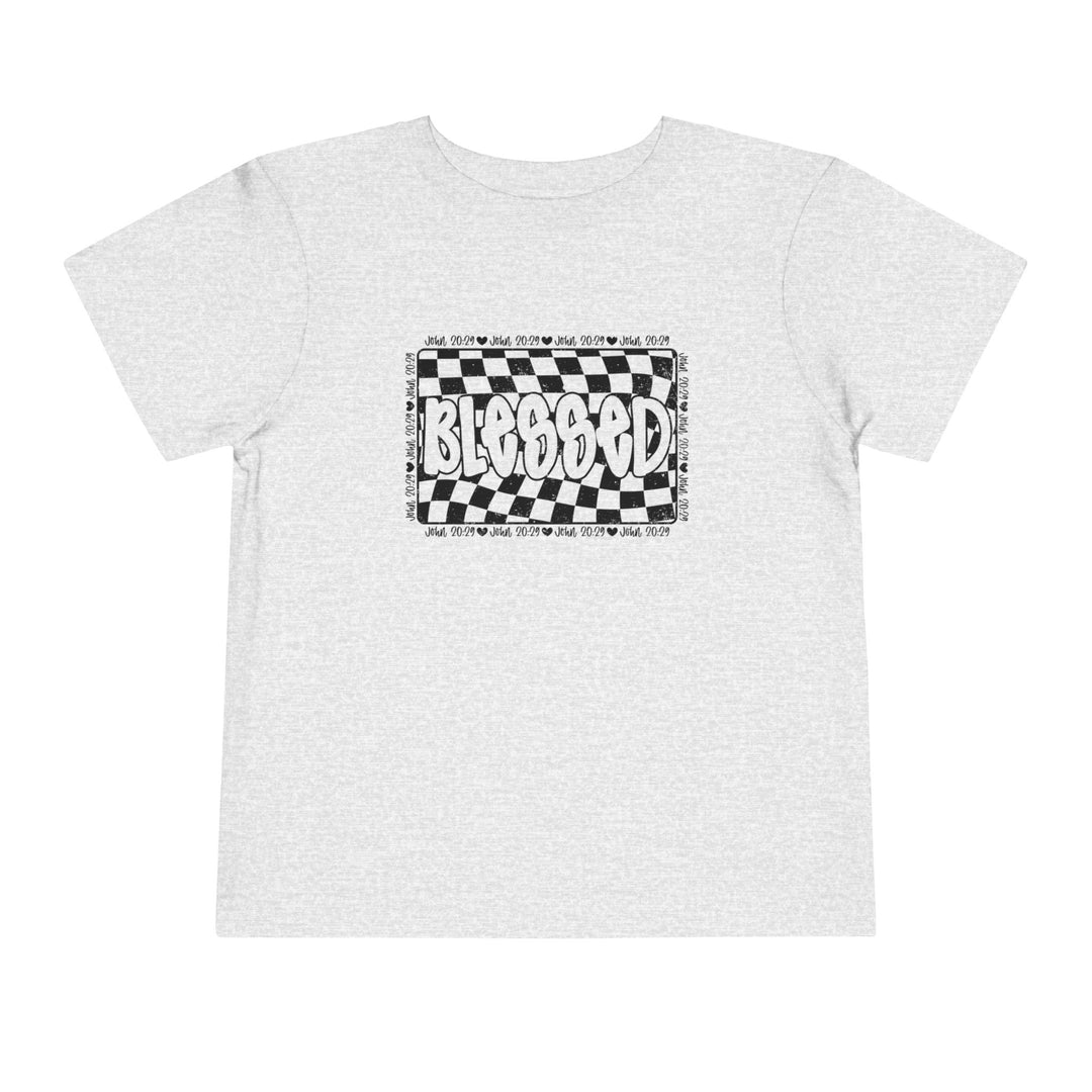 Blessed Toddler Tee with black and white checkered design, made from 100% Airlume cotton, offering comfort and style for kids.