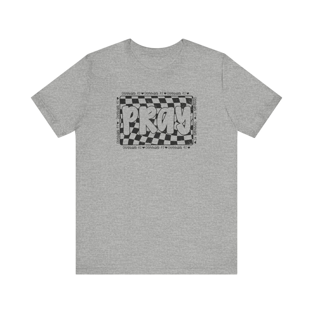 Pray Tee: Grey unisex jersey t-shirt featuring a black and white graphic design, offering a soft cotton feel with durable stitching and retail fit.