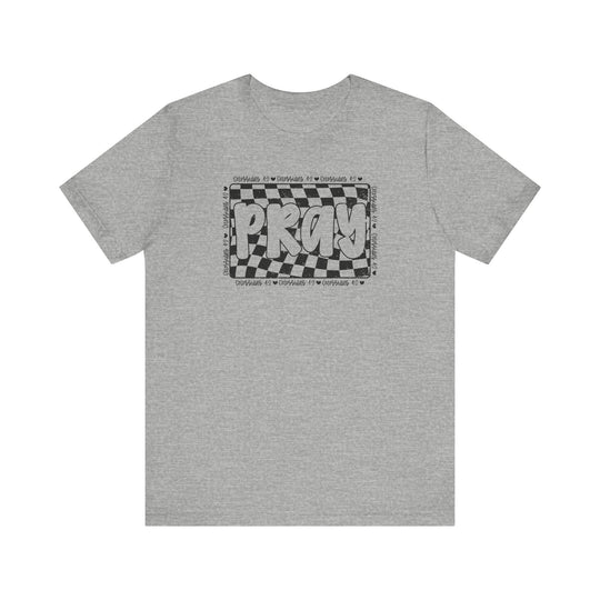 Pray Tee: Grey unisex jersey t-shirt featuring a black and white graphic design, offering a soft cotton feel with durable stitching and retail fit.