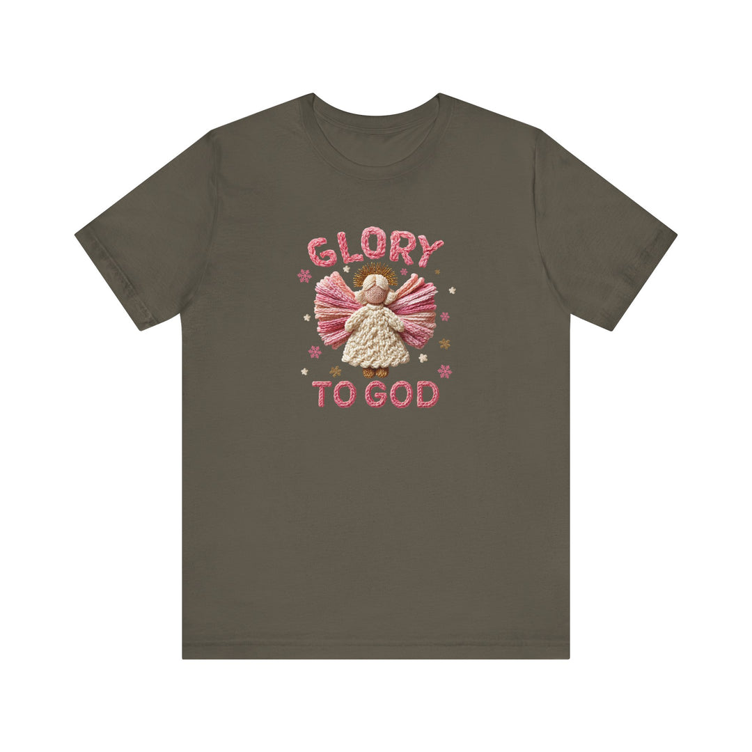Glory to God Tee featuring an angel with pink wings and golden halo, crafted from soft cotton with ribbed collars and dual side seams for enduring shape.