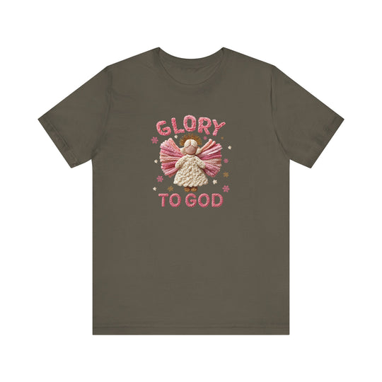 Glory to God Tee featuring an angel with pink wings and golden halo, crafted from soft cotton with ribbed collars and dual side seams for enduring shape.