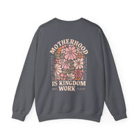 Motherhood Kingdom Work Crew sweatshirt features a retro floral window graphic and Proverbs 31 text, highlighting comfort with a ribbed knit collar and seamless sides.