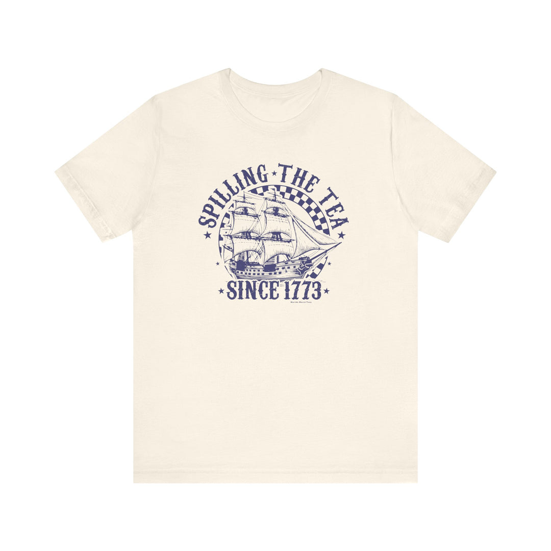 White tee with blue sailboat graphic and text, part of the Spilling the Tea Since 1773 collection by Worlds Worst Tees. Unisex jersey tee, 100% cotton, ribbed knit collar, retail fit.