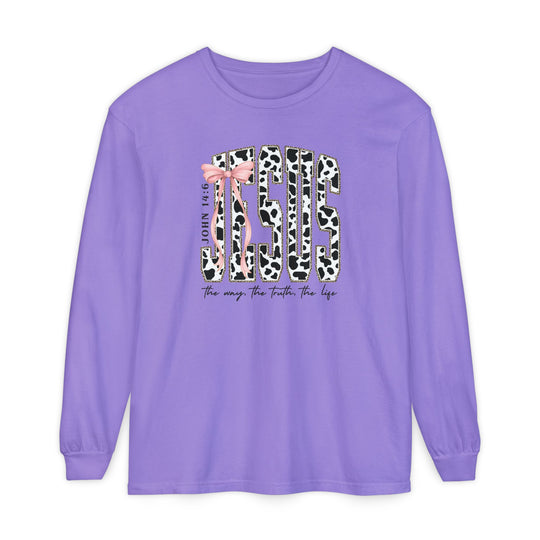 John 14:6 Long Sleeve Tee featuring JESUS in cow-print on lavender, accented with the way, the truth, the life script and pink bow detail.