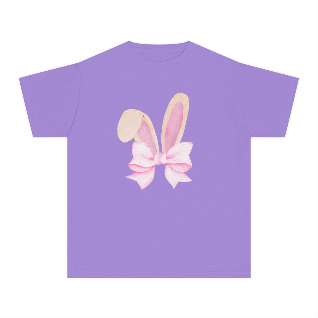 Bunny Bow Kids Tee: Purple T-shirt featuring bunny ears with a pink bow graphic, designed for comfort and agility with 100% combed ringspun cotton.