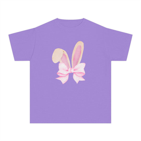 Bunny Bow Kids Tee: Purple T-shirt featuring bunny ears with a pink bow graphic, designed for comfort and agility with 100% combed ringspun cotton.