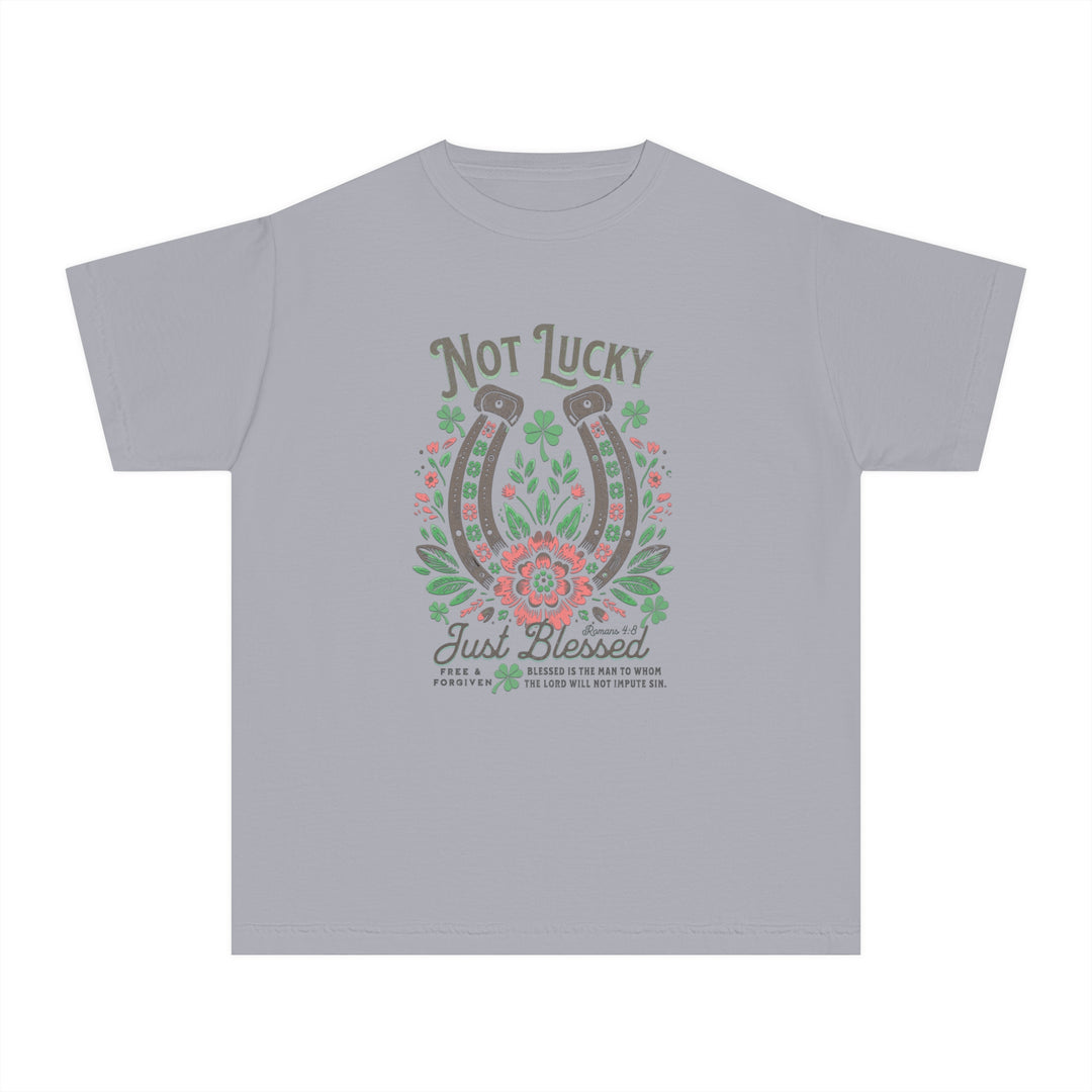 Blessed Tee: A grey t-shirt featuring a graphic design, crafted from 100% combed ring-spun cotton for comfort and agility in kids' active schedules.