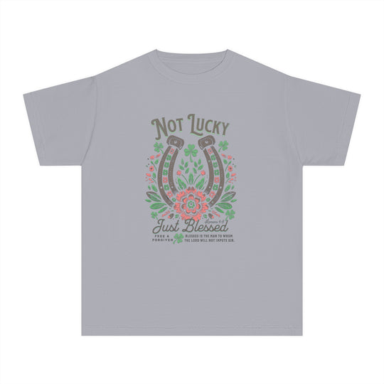 Blessed Tee: A grey t-shirt featuring a graphic design, crafted from 100% combed ring-spun cotton for comfort and agility in kids' active schedules.