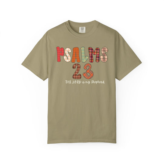 Psalms 23 Tee featuring patchwork-style lettering and script text on a khaki T-shirt, embodying comfort and faith-inspired design.