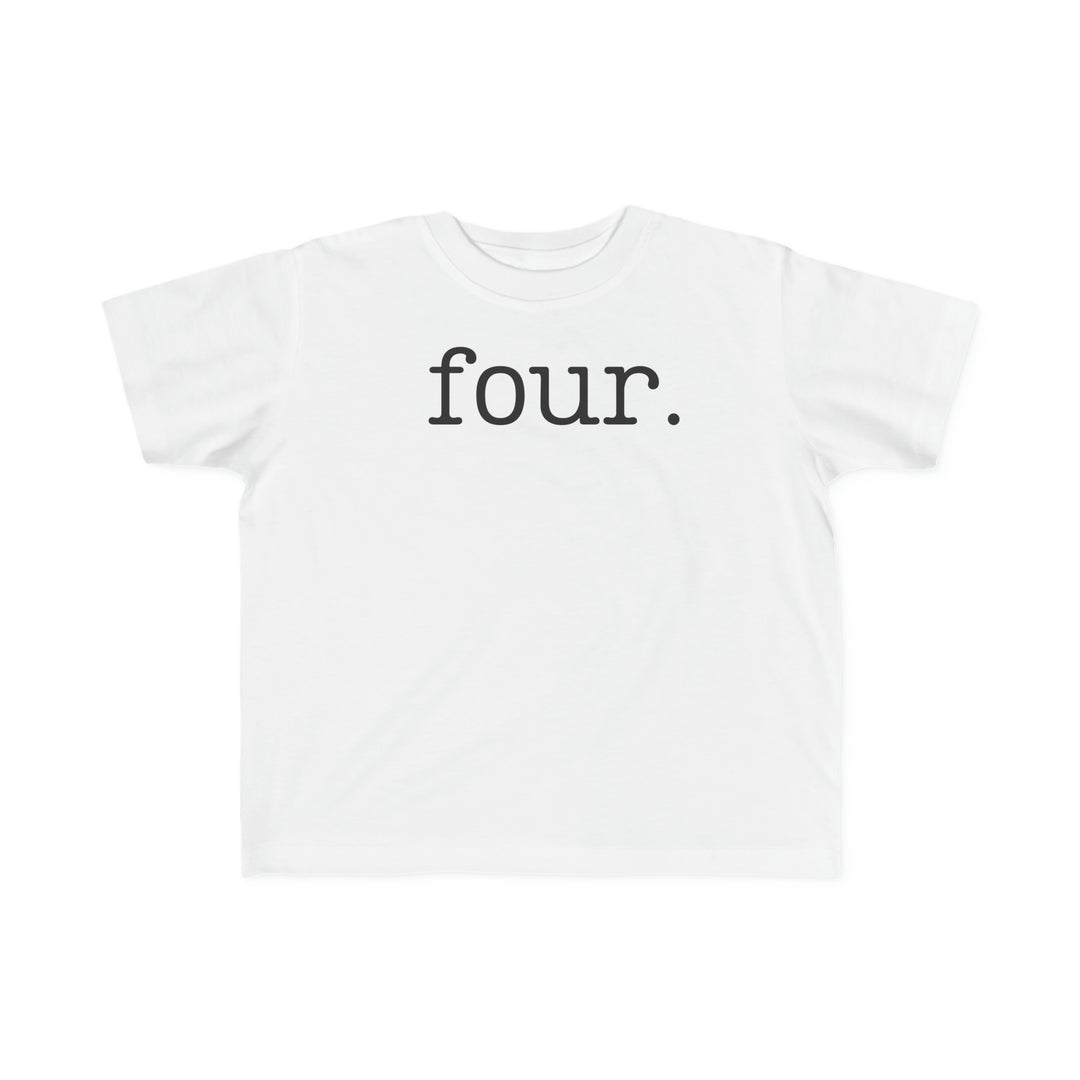 A toddler tee with durable black text on white fabric. Soft and gentle on sensitive skin, made of 100% combed cotton. Perfect for little adventurers.