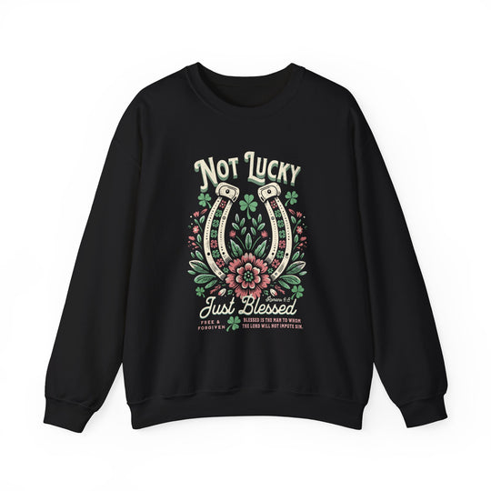 Blessed Crew: Black sweatshirt featuring a horseshoe and flowers design, ideal for comfort with its polyester-cotton blend and ribbed-knit collar for shape retention.