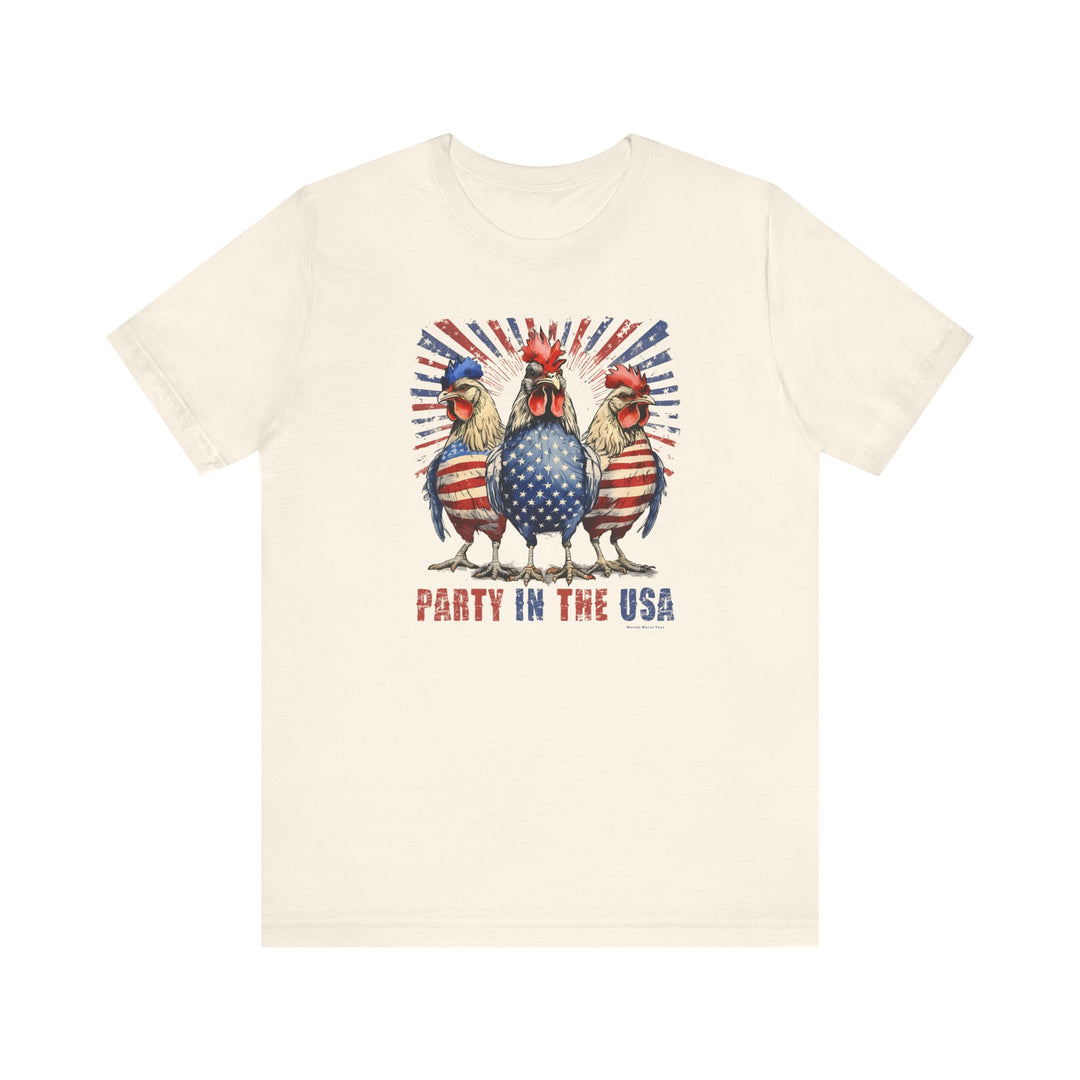 A Party In the USA Tee: White shirt with red, white, and blue roosters design. Unisex jersey tee in 100% cotton, retail fit, ribbed knit collars, and tear-away label. Sizes XS to 3XL.