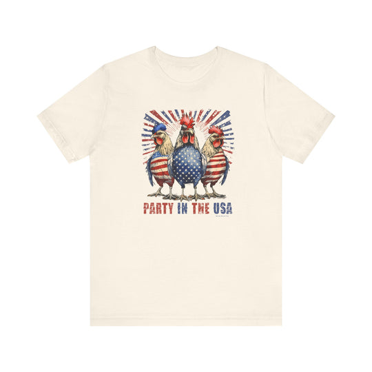 A Party In the USA Tee: White shirt with red, white, and blue roosters design. Unisex jersey tee in 100% cotton, retail fit, ribbed knit collars, and tear-away label. Sizes XS to 3XL.