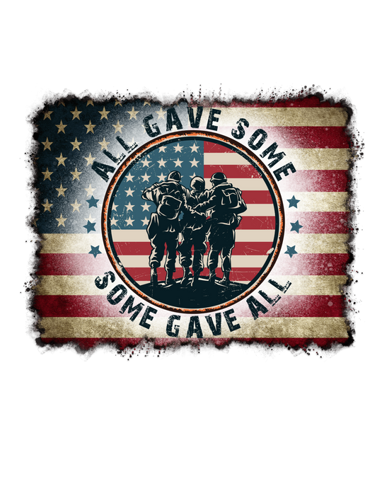 Unisex USA Some Gave All Tee with soldiers in a circle and a flag emblem. Airlume cotton tee with ribbed knit collars, taping on shoulders, and dual side seams for durability. Sizes XS to 3XL.