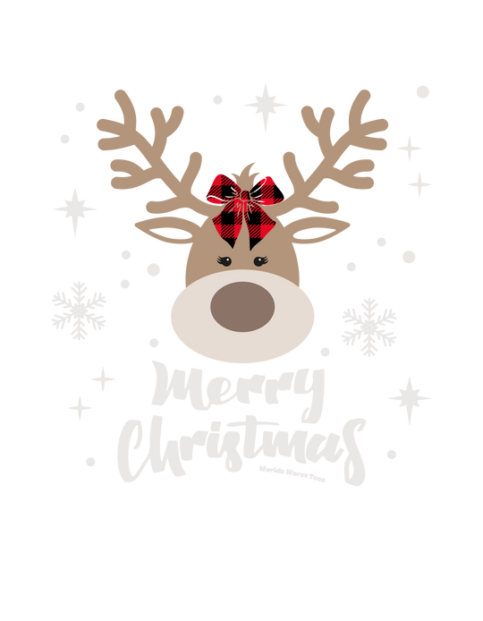 A custom toddler long-sleeve tee featuring a Girly Christmas Deer design with a reindeer wearing a bow. Made of 100% combed ringspun cotton, with a ribbed collar and EasyTear™ label for comfort and durability.