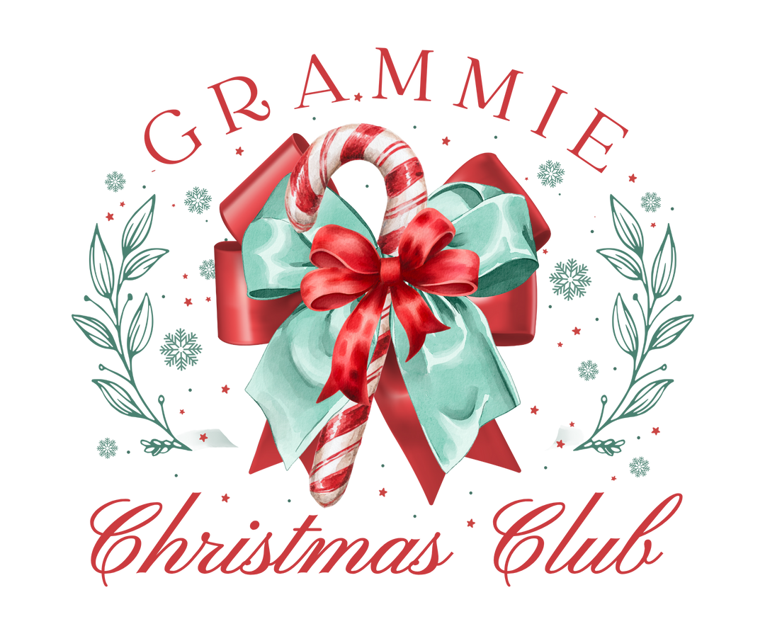 Grammie Christmas Club Hoodie featuring a candy cane with a teal and red bow, surrounded by snowflakes and stars, perfect for cozy holiday wear.