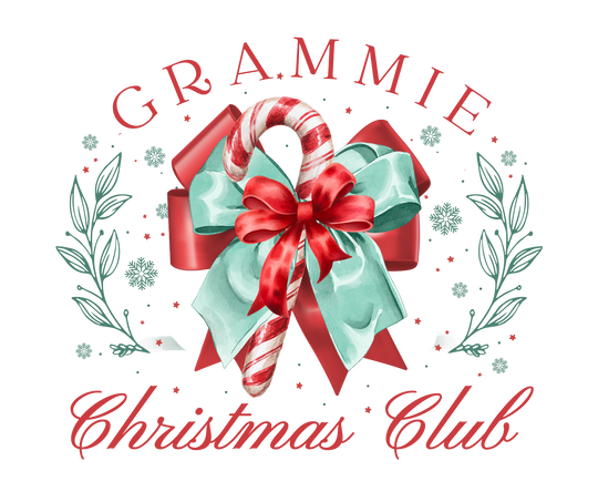 Grammie Christmas Club Hoodie featuring a candy cane with a teal and red bow, surrounded by snowflakes and stars, perfect for cozy holiday wear.