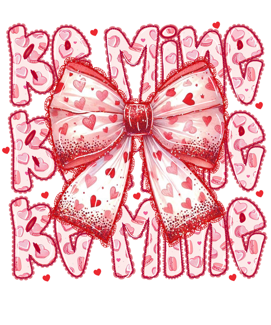 Be Mine Onesie featuring a pink-and-red ribbon bow with heart patterns, perfect for Valentine's. Soft cotton, ribbed edges, and easy-snap closure for infants.