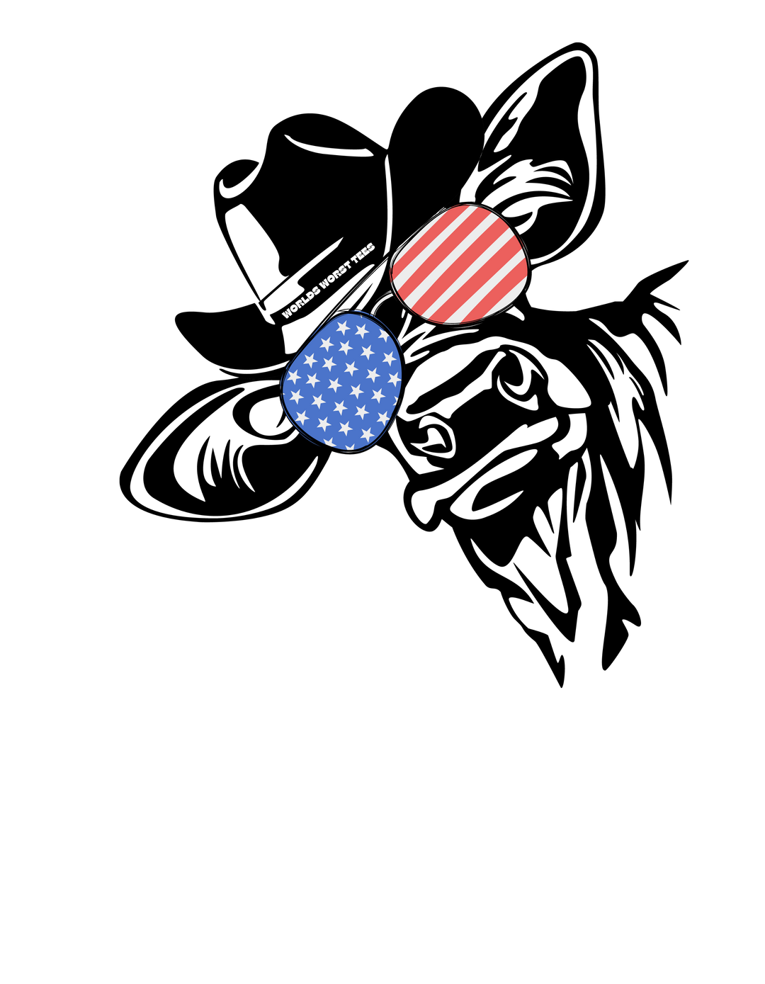 A patriotic tee featuring stars and stripes sunglasses design. Unisex heavy cotton tee with no side seams for comfort, tape on shoulders for durability, and ribbed knit collar. Ideal for casual fashion.