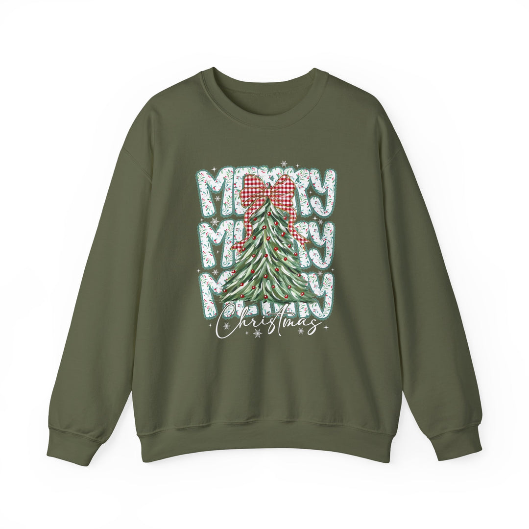 Moss-green crewneck sweatshirt featuring a stylized Christmas tree and festive MERRY graphic, ideal for cozy, stylish holiday wear.