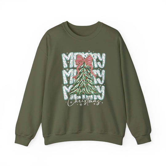 Moss-green crewneck sweatshirt featuring a stylized Christmas tree and festive MERRY graphic, ideal for cozy, stylish holiday wear.