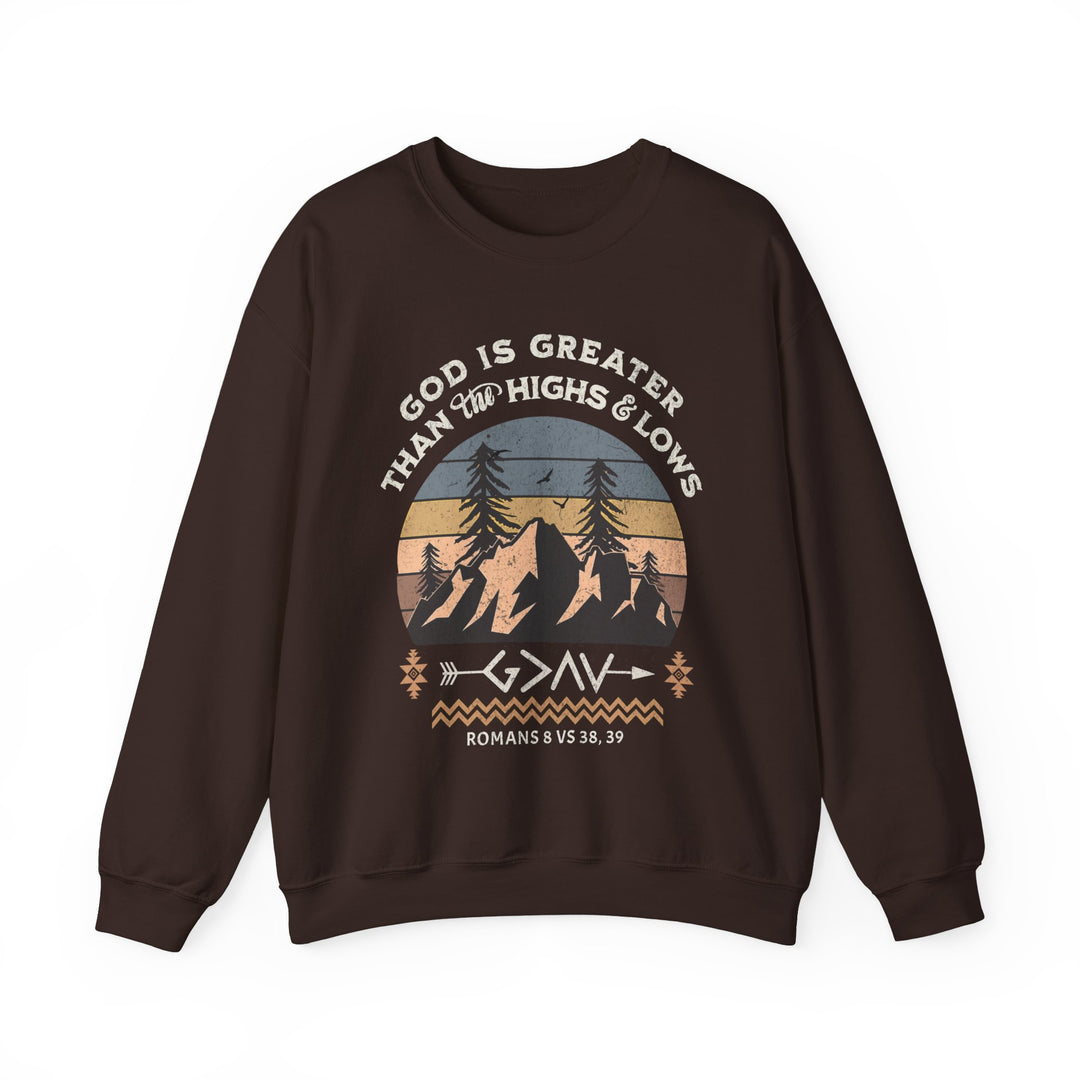 God Is Greater Crew sweatshirt featuring a graphic design of mountains and birds, crafted from a comfortable polyester-cotton blend with ribbed knit collar for shape retention.