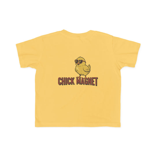 Chick Magnet Toddler Tee features a cartoon baby chick with heart sunglasses and slogan, ideal for sensitive skin. Made of soft, 100% combed ringspun cotton.