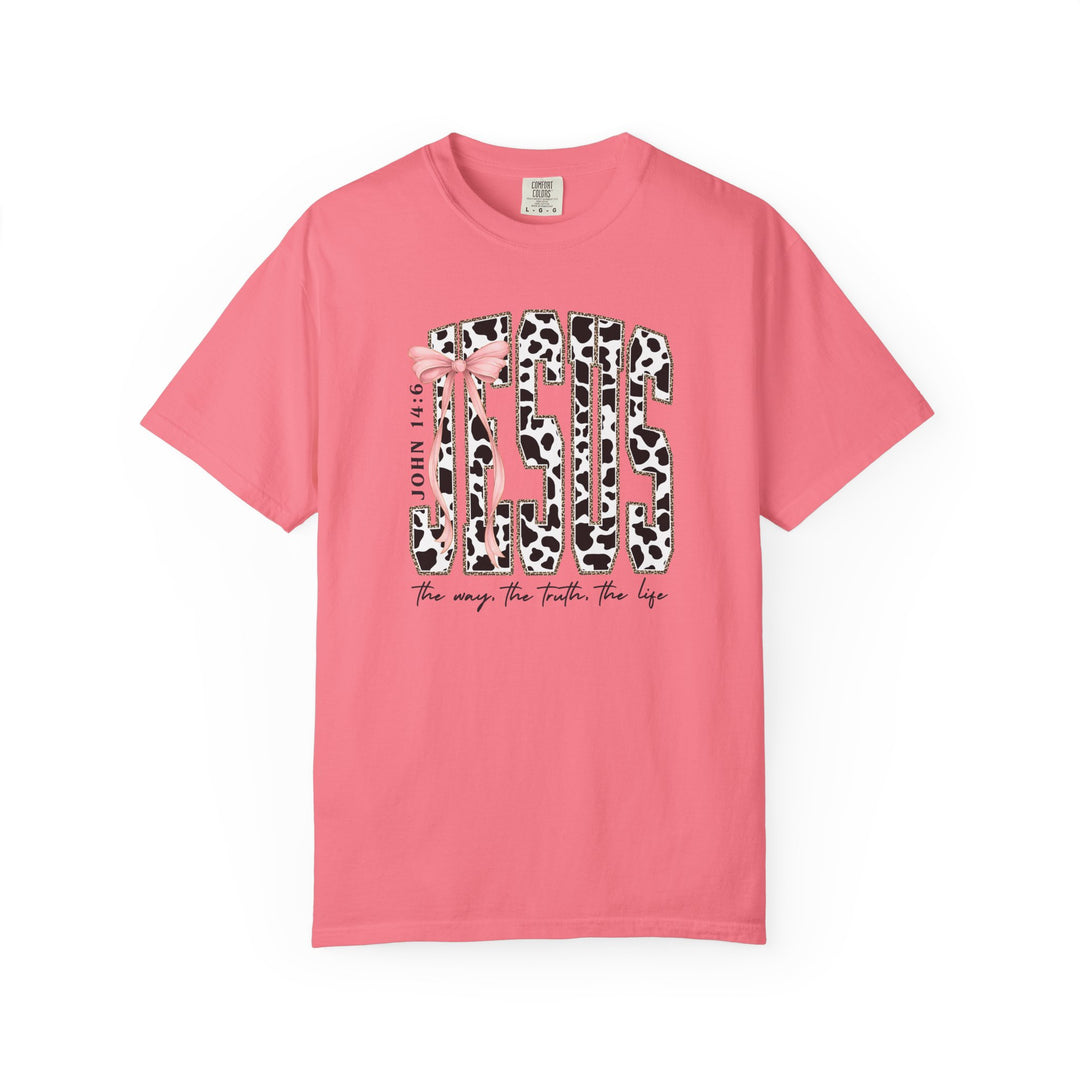 John 14:6 Tee with cow-print JESUS, pink bow, and the way, the truth, the life slogan on a pink short-sleeve t-shirt.