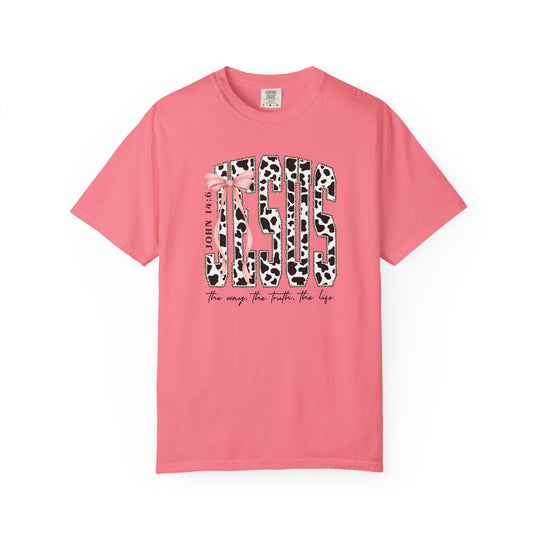 John 14:6 Tee with cow-print JESUS, pink bow, and the way, the truth, the life slogan on a pink short-sleeve t-shirt.