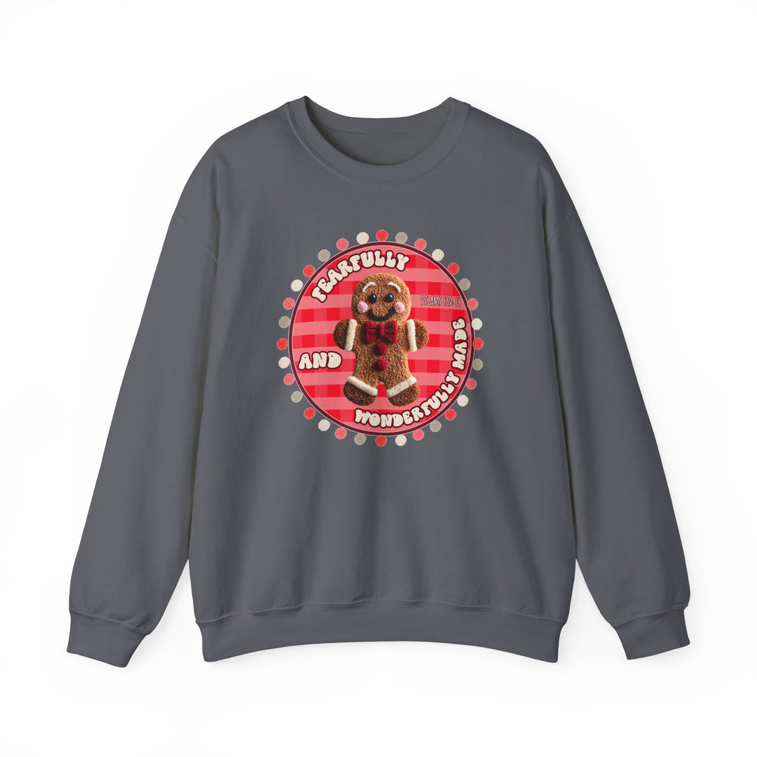 Wonderfully Made Crew: Charcoal-gray sweatshirt with a smiling gingerbread man graphic and inspirational text, offering cozy comfort and durable, ethical craftsmanship.