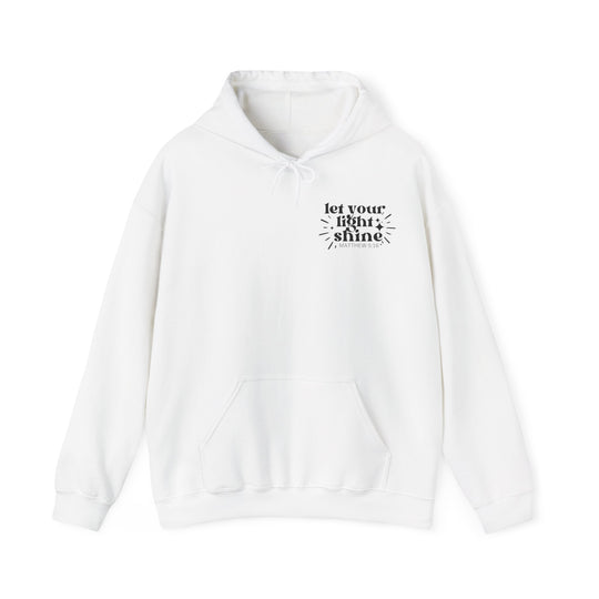 Unisex Let Your Light Shine Hoodie: White sweatshirt with hood, kangaroo pocket, and drawstring. Cotton-polyester blend for warmth and comfort. Classic fit, tear-away label. Sizes S-5XL. Medium-heavy fabric.