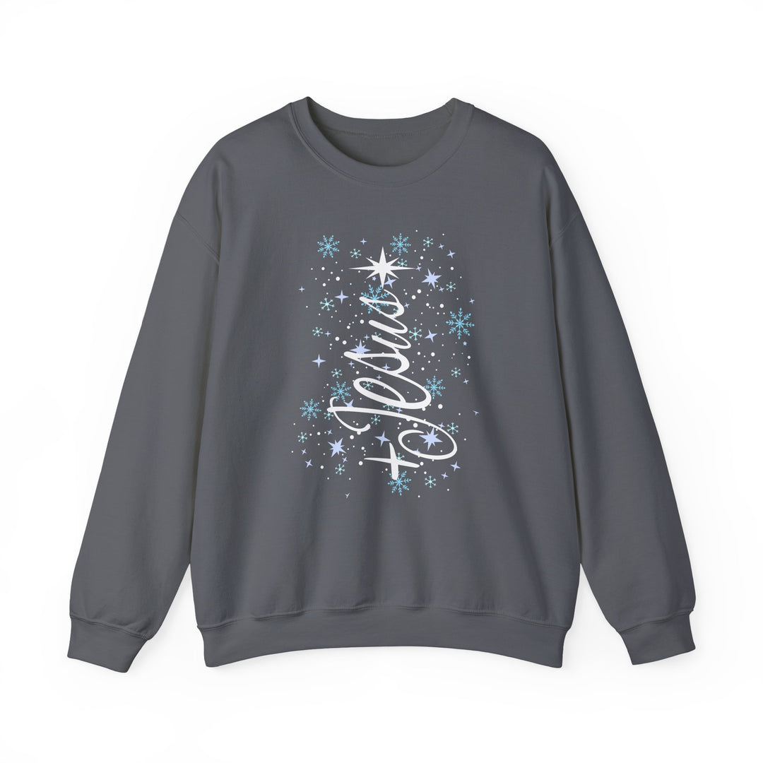 Charcoal-gray crewneck sweatshirt with Jesus Tree Crew design featuring snowflakes and stars, ideal for winter. Comfortable, durable, and ethically produced by Faith Family Designs.