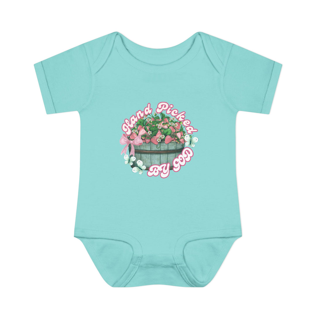 Infant Hand Picked by GOD onesie, featuring soft, 100% ring-spun cotton with lap shoulders for comfort and easy dressing. Ideal for sensitive baby skin.
