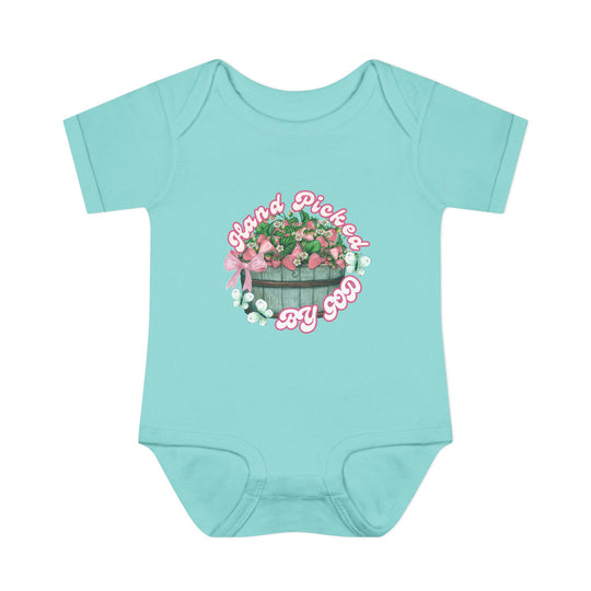Infant Hand Picked by GOD onesie, featuring soft, 100% ring-spun cotton with lap shoulders for comfort and easy dressing. Ideal for sensitive baby skin.