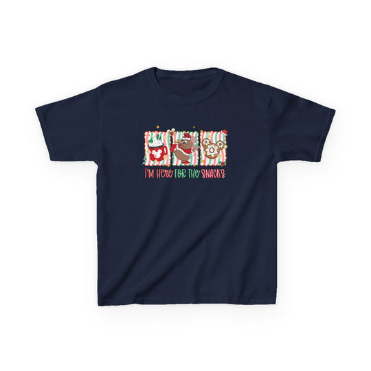 Here for the Snacks Kids Tee featuring festive candy-cane-striped panels with holiday snacks: cocoa, gingerbread reindeer, cookies, and playful red-green lettering.