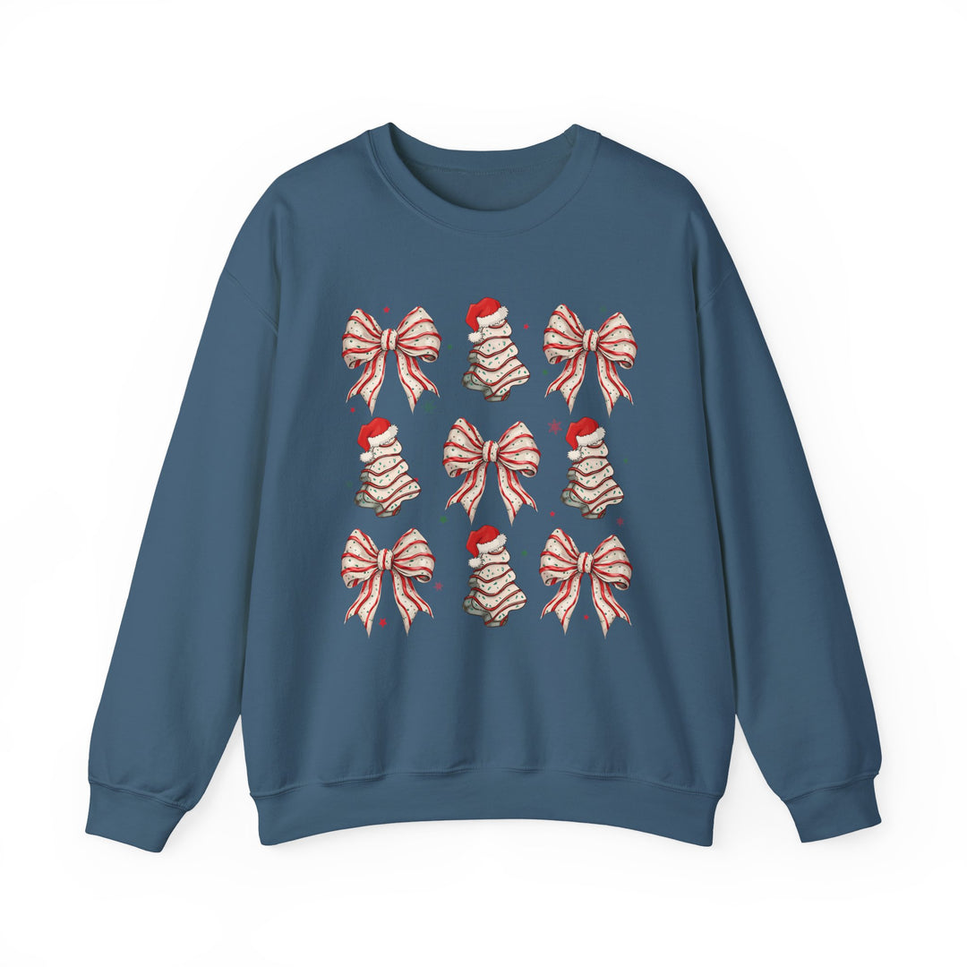 Cookies and Bows Crew: Blue sweatshirt with 3x3 grid of festive motifs—stylized Christmas trees and striped holiday bows—ideal for cozy, stylish holiday wear.