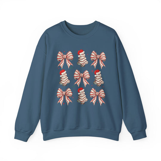 Cookies and Bows Crew: Blue sweatshirt with 3x3 grid of festive motifs—stylized Christmas trees and striped holiday bows—ideal for cozy, stylish holiday wear.