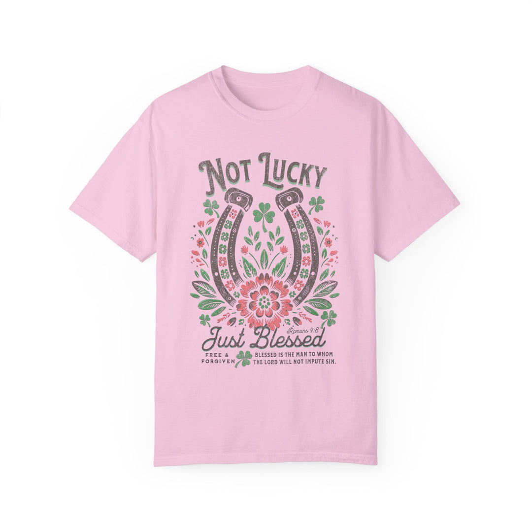 Blessed Tee: Pink t-shirt with unique graphic design, made from soft, durable, 100% ring-spun cotton, offering comfort and style in a relaxed fit.