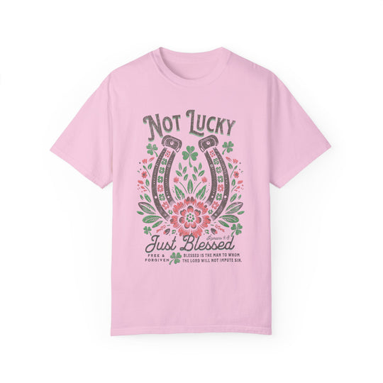 Blessed Tee: Pink t-shirt with unique graphic design, made from soft, durable, 100% ring-spun cotton, offering comfort and style in a relaxed fit.
